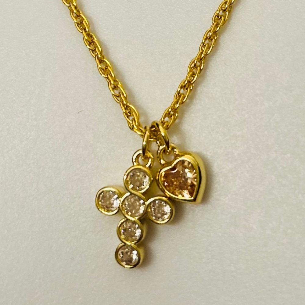 Dainty Cross heart pendant necklace, religious necklae, CZ Cross clear, 19”